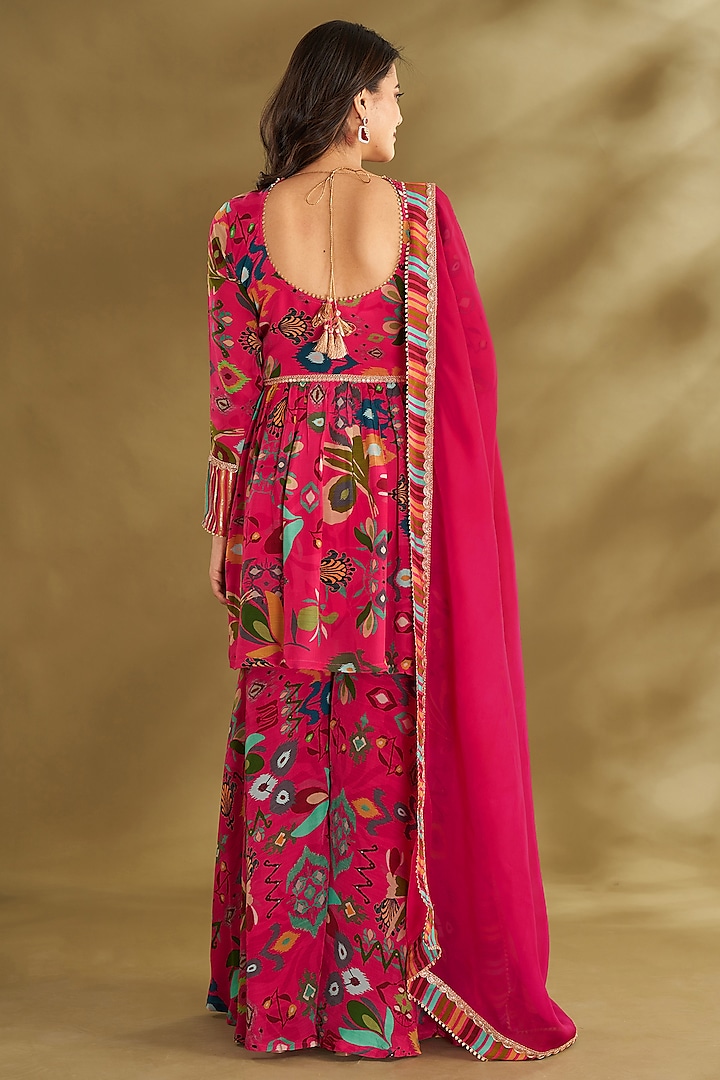 Hot Pink Natural Crepe Ikat Digital Printed Party Wear Sharara Set by Affroz at Pernia's Pop Up Shop