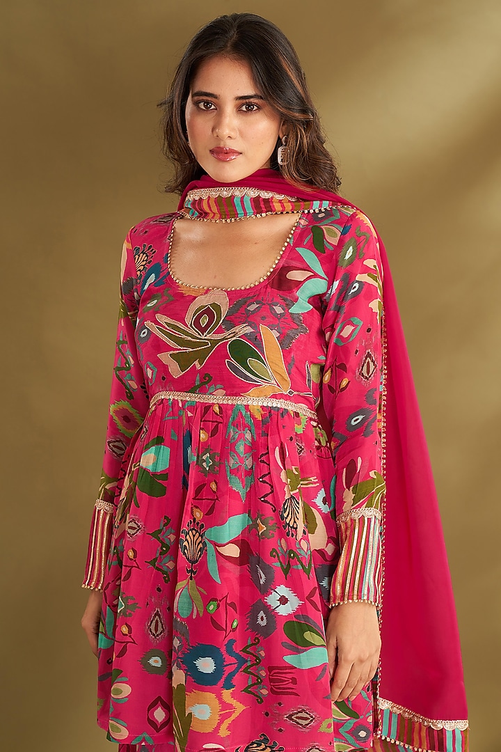 Hot Pink Natural Crepe Ikat Digital Printed Party Wear Sharara Set by Affroz at Pernia's Pop Up Shop