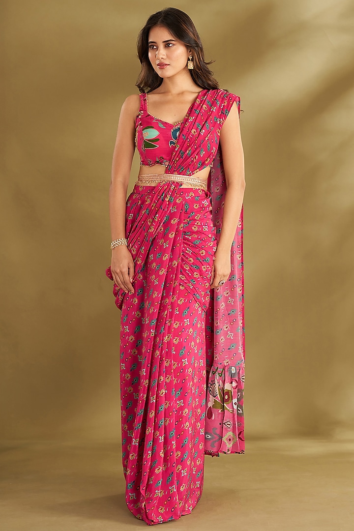 Hot Pink Natural Crepe Printed Pre-Draped Saree Set by Affroz
