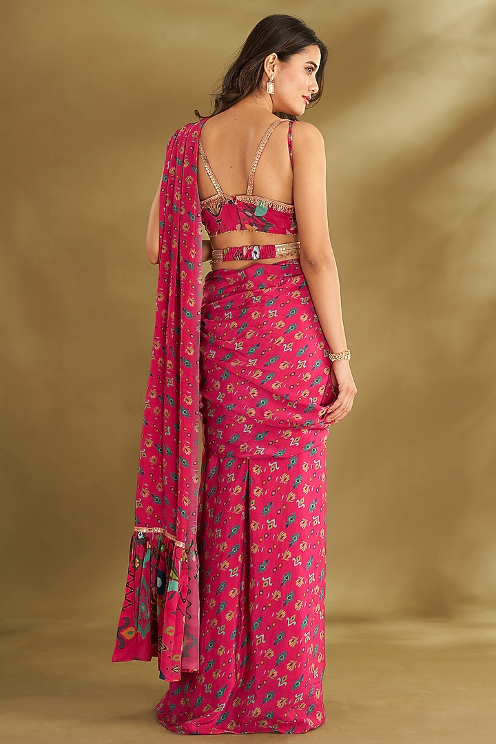 Hot Pink Natural Crepe Printed Pre-Draped Party Wear Saree Set by Affroz at Pernia's Pop Up Shop