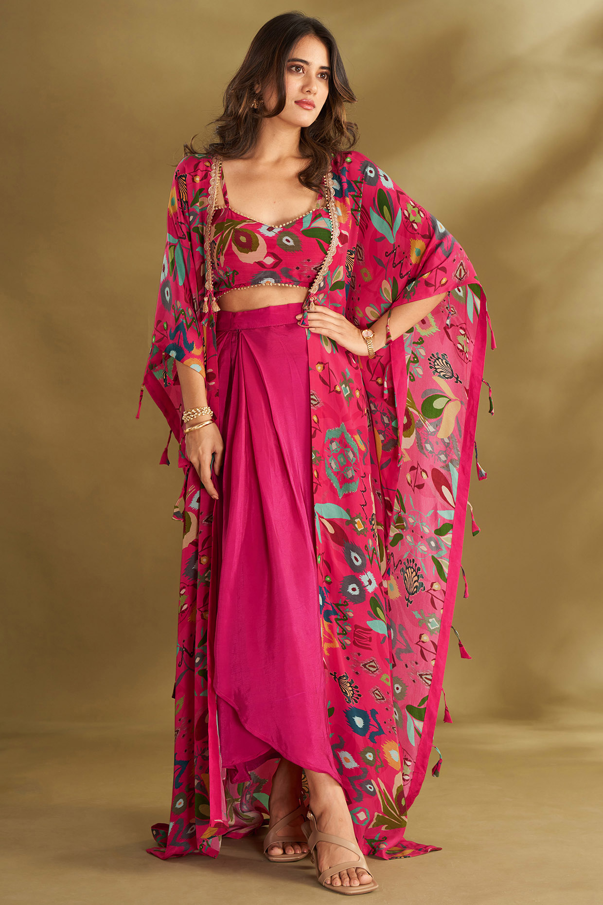 Hot Pink Natural Crepe Ikat Digital Printed & Embroidered Cape Set by  Affroz at Pernia's Pop Up Shop