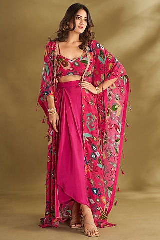 Hot Pink Natural Crepe Ikat Digital Printed & Embroidered Cape Set by Affroz