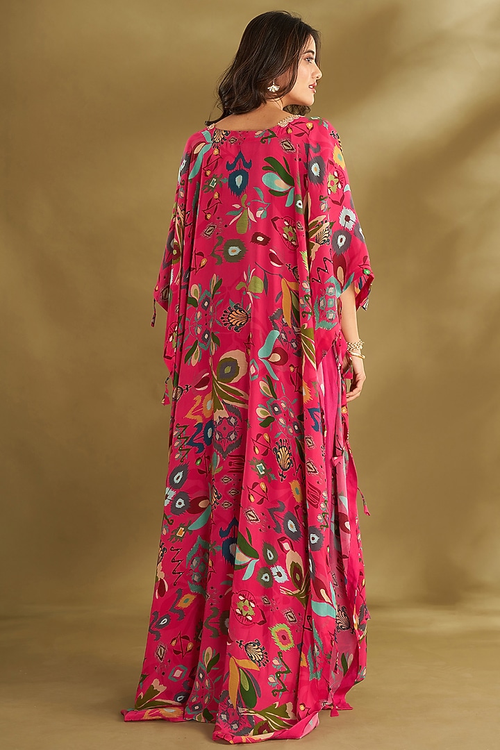 Hot Pink Natural Crepe Ikat Digital Printed & Embroidered Cape Set by Affroz at Pernia's Pop Up Shop