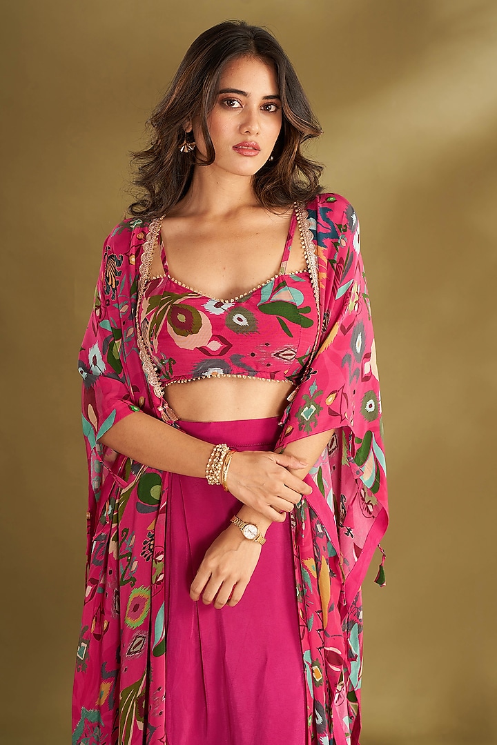Hot Pink Natural Crepe Ikat Digital Printed & Embroidered Cape Set by Affroz at Pernia's Pop Up Shop