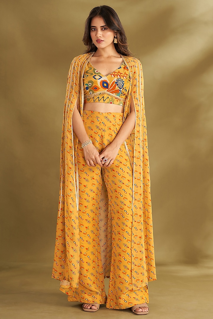 Dandelion Yellow Natural Crepe Butta Embroidered Cape Set by Affroz