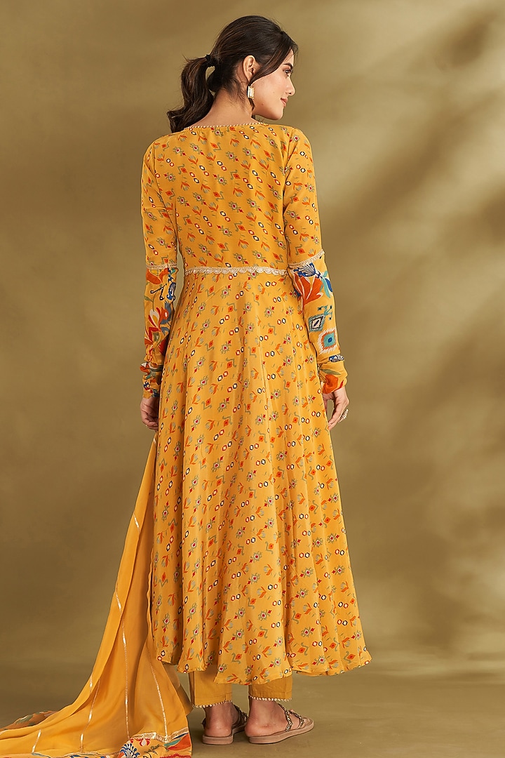 Dandelion Yellow Natural Crepe Ikat Butta Printed Party Wear Anarkali Set by Affroz at Pernia's Pop Up Shop
