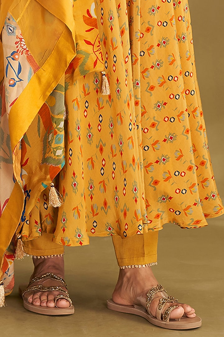 Dandelion Yellow Natural Crepe Ikat Butta Printed Party Wear Anarkali Set by Affroz at Pernia's Pop Up Shop