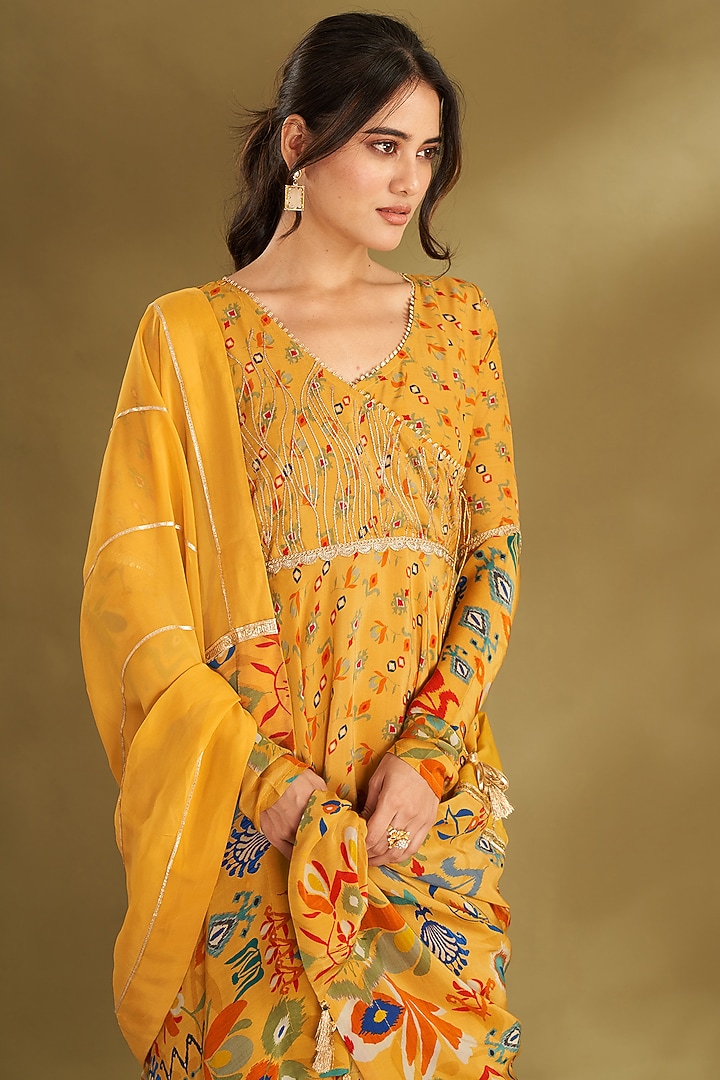 Dandelion Yellow Natural Crepe Ikat Butta Printed Party Wear Anarkali Set by Affroz at Pernia's Pop Up Shop