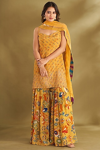 Dandelion Yellow Natural Crepe Floral Printed Sharara Set by Affroz
