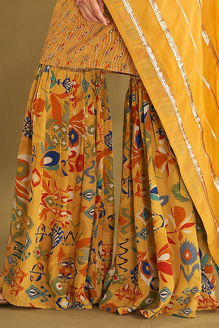 Dandelion Yellow Natural Crepe Floral Printed Party Wear Sharara Set by Affroz at Pernia's Pop Up Shop