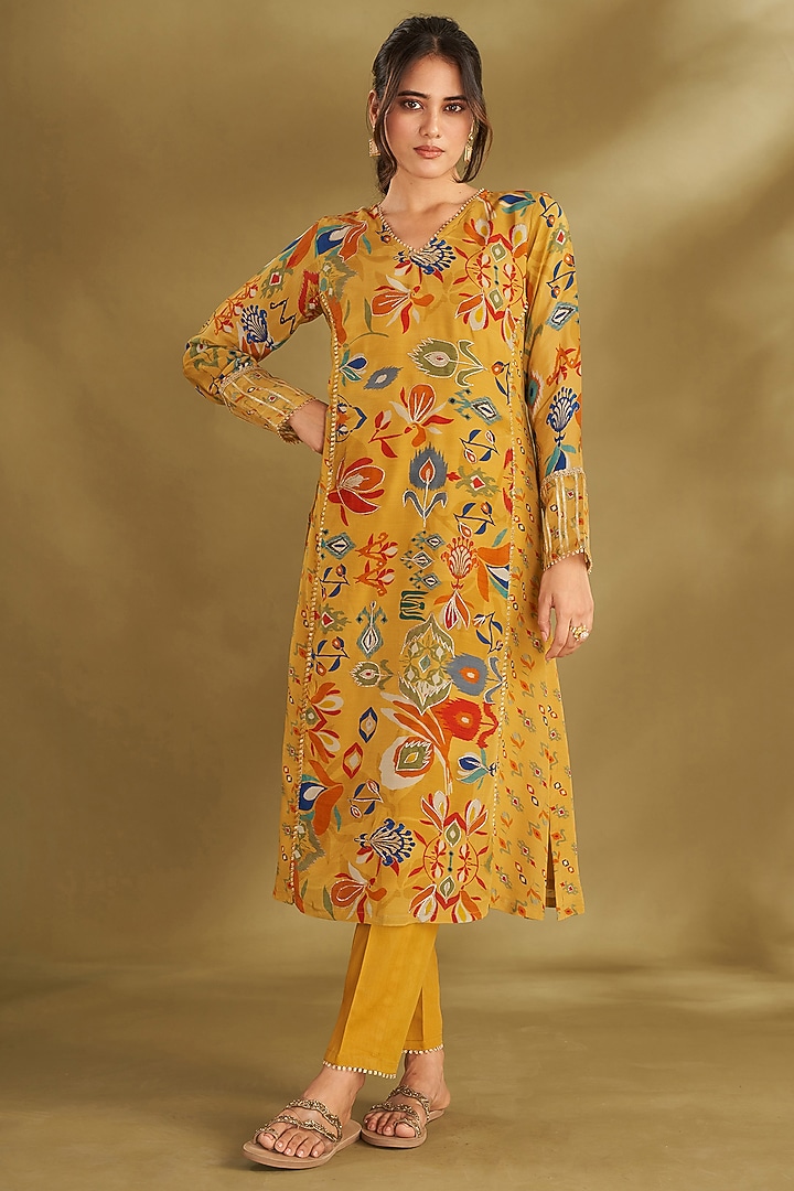 Dandelion Yellow Natural Crepe Embroidered & Printed Kurta Set by Affroz at Pernia's Pop Up Shop