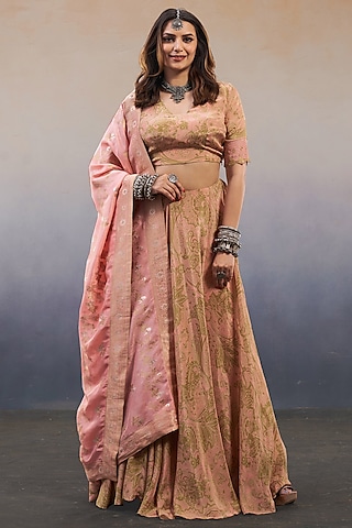 Pastel Pink Viscose Crepe Paisley Printed Lehenga Set by Affroz