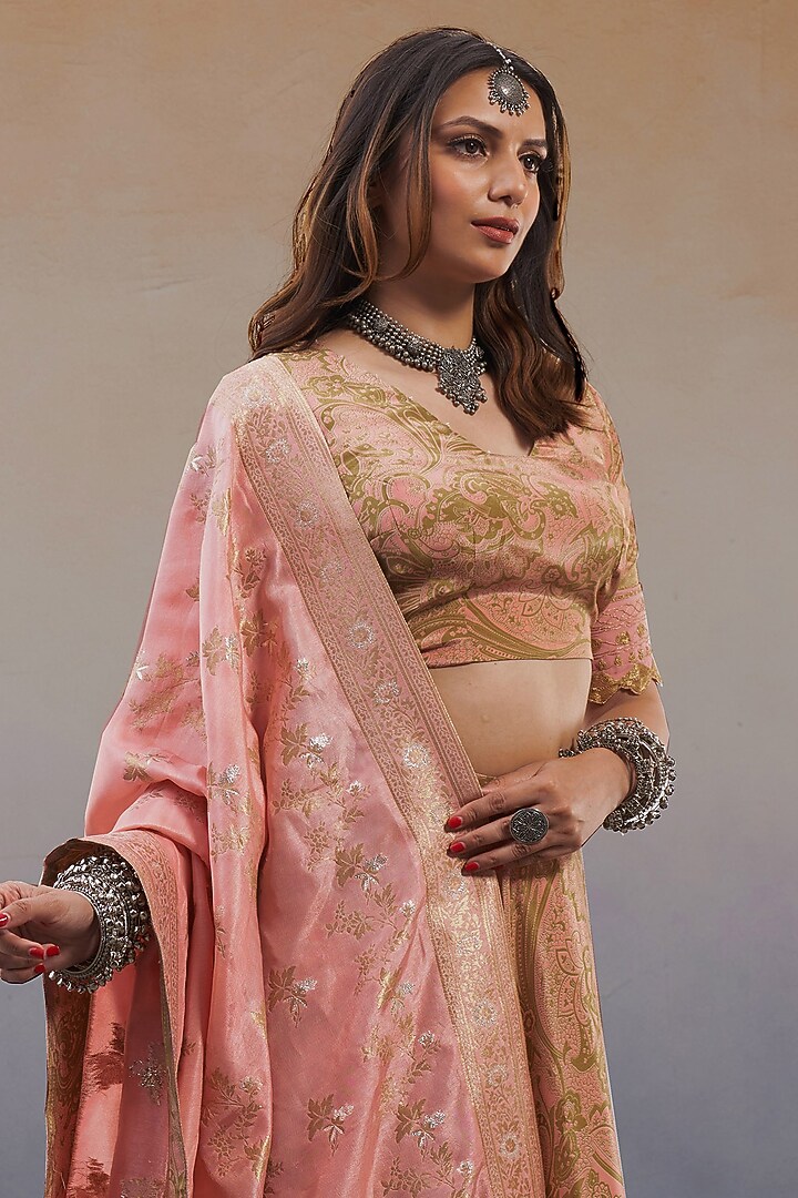 Pastel Pink Viscose Crepe Paisley Printed Lehenga Set by Affroz at Pernia's Pop Up Shop