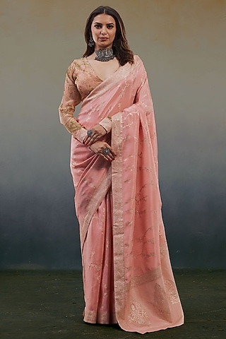 Pastel Pink Jacquard & Viscose Crepe Saree Set by Affroz