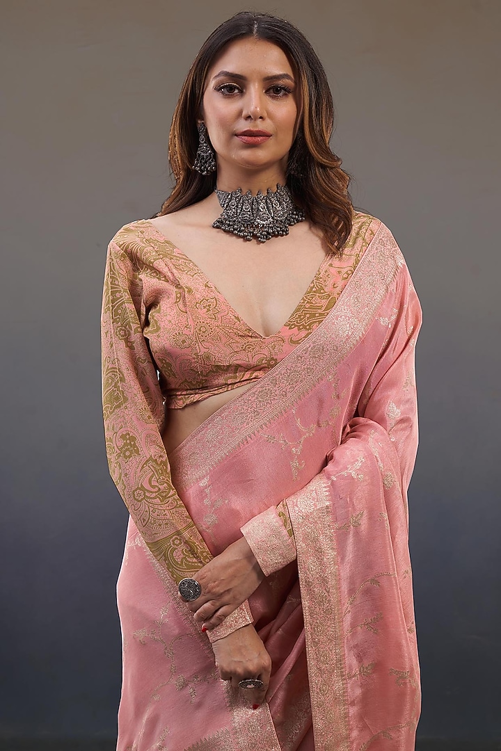 Pastel Pink Jacquard & Viscose Crepe Party Wear Saree Set by Affroz at Pernia's Pop Up Shop