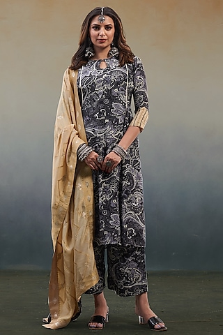 Black Viscose Crepe Paisley Printed A-Line Kurta Set by Affroz