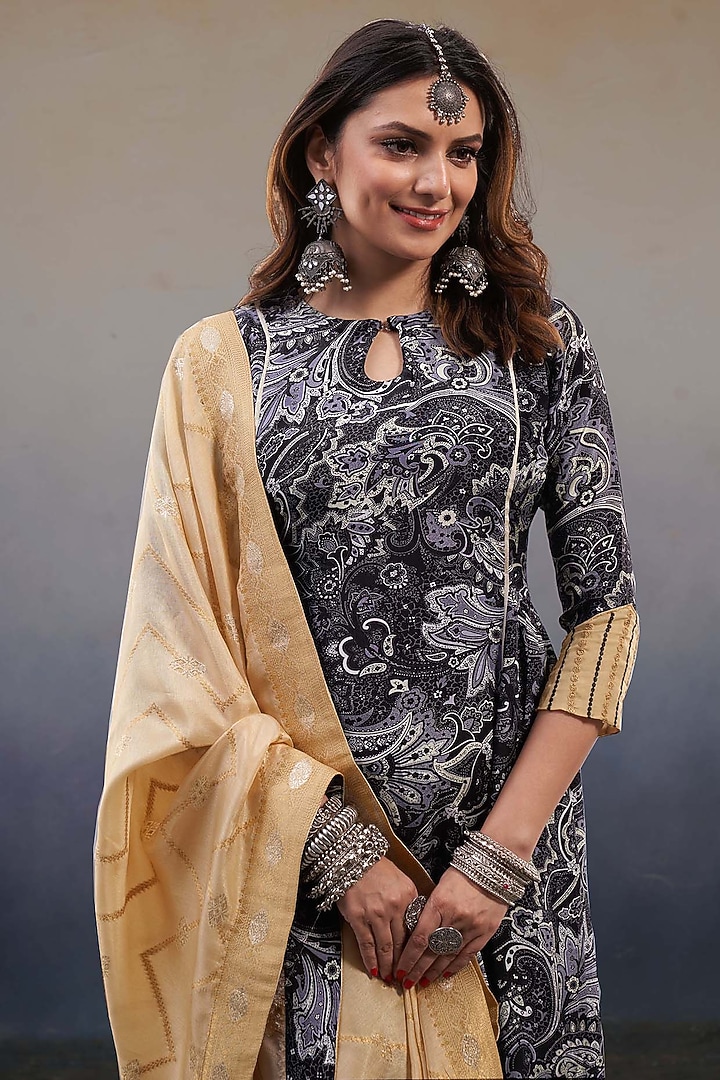 Black Viscose Crepe Paisley Printed A-Line Kurta Set by Affroz at Pernia's Pop Up Shop