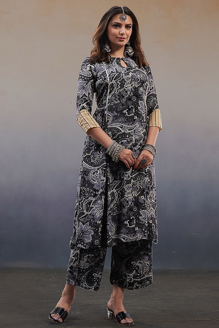 Black Viscose Crepe Paisley Printed A-Line Kurta Set by Affroz at Pernia's Pop Up Shop