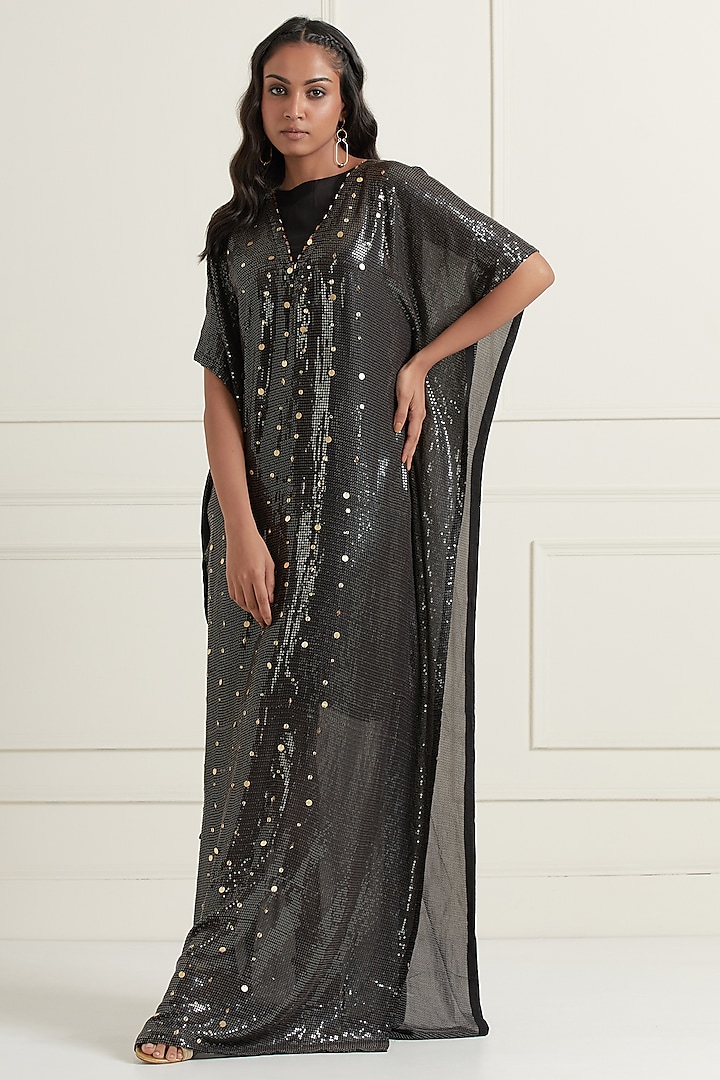 Midnight Black Georgette Hand Embroidered Kaftan by Affroz