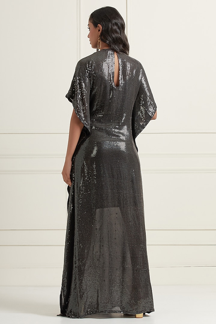 Midnight Black Georgette Hand Embroidered Kaftan by Affroz at Pernia's Pop Up Shop