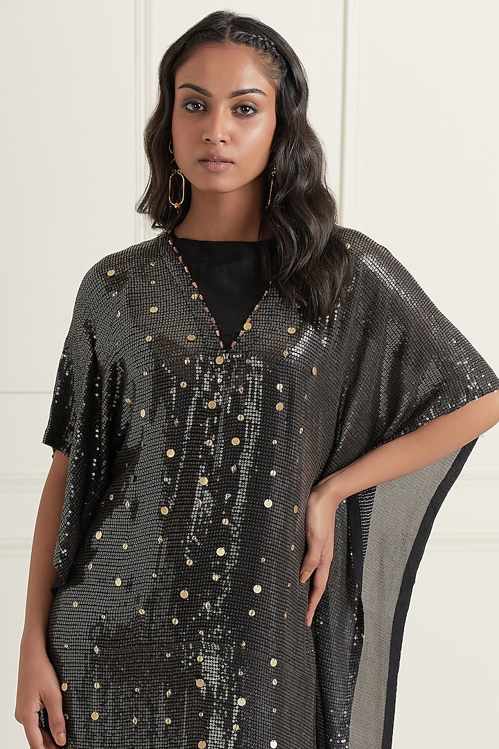 Midnight Black Georgette Hand Embroidered Kaftan by Affroz at Pernia's Pop Up Shop