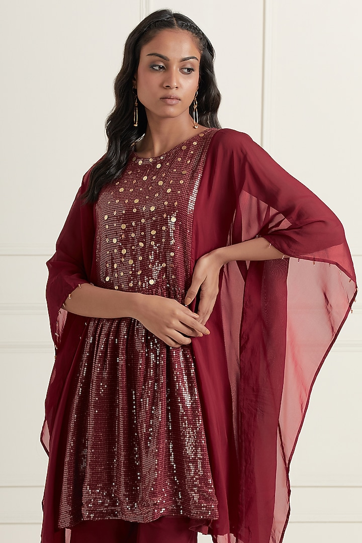 Burgundy Organza Silk Party Wear Sharara set by Affroz at Pernia's Pop Up Shop