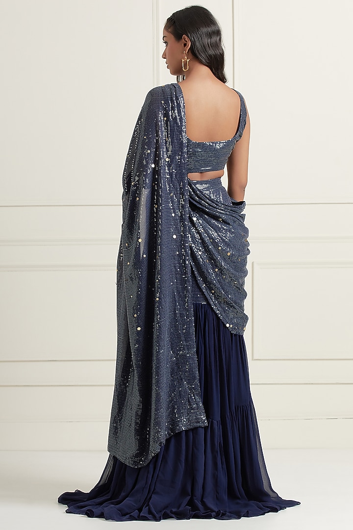 Midnight Blue Georgette Hand Embroidered Party Wear Lehenga Saree Set by Affroz at Pernia's Pop Up Shop