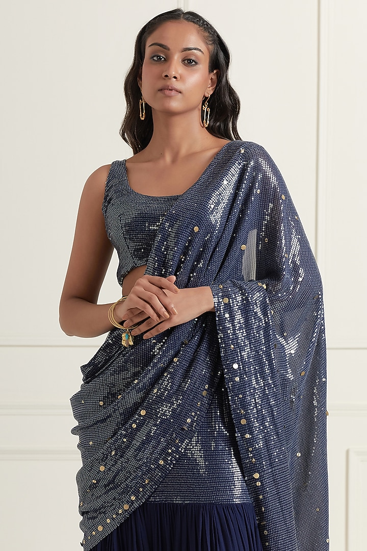 Midnight Blue Georgette Hand Embroidered Party Wear Lehenga Saree Set by Affroz at Pernia's Pop Up Shop