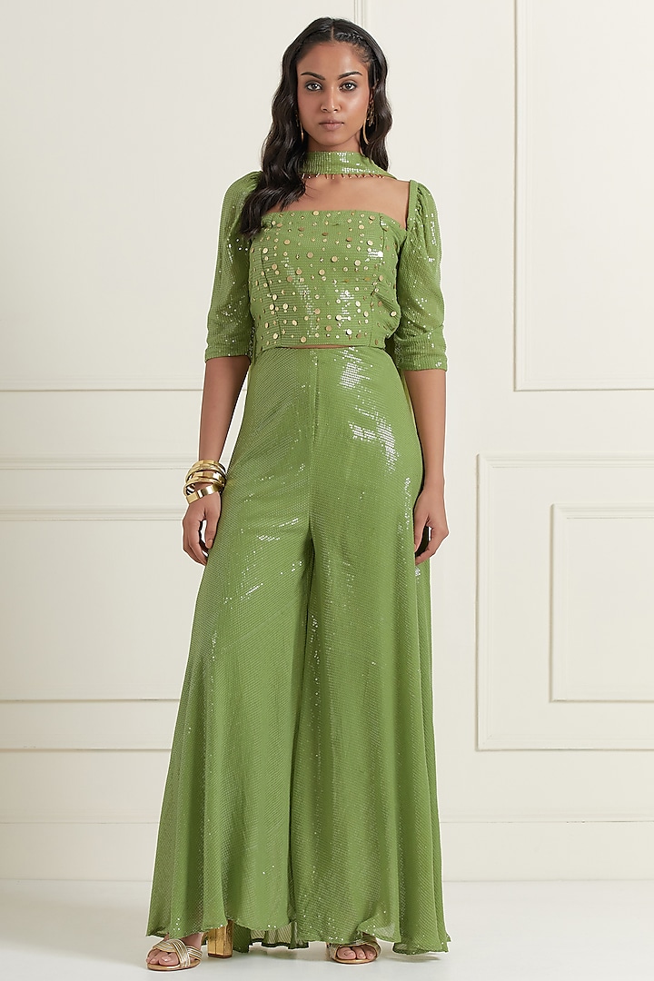 Apple Green Georgette Hand Embroidered Pant Set by Affroz at Pernia's Pop Up Shop