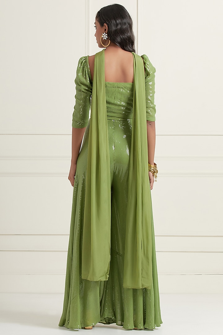Apple Green Georgette Hand Embroidered Pant Set by Affroz at Pernia's Pop Up Shop