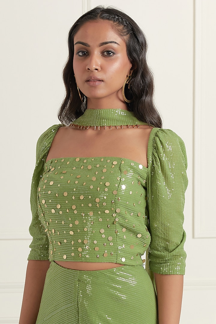 Apple Green Georgette Hand Embroidered Pant Set by Affroz at Pernia's Pop Up Shop