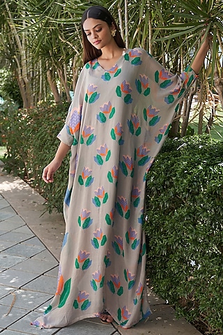 Grey Georgette Floral Printed Kaftan by Affroz