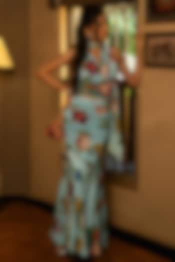 Sky Blue Viscose Crepe Floral Printed Skirt Set by Affroz at Pernia's Pop Up Shop