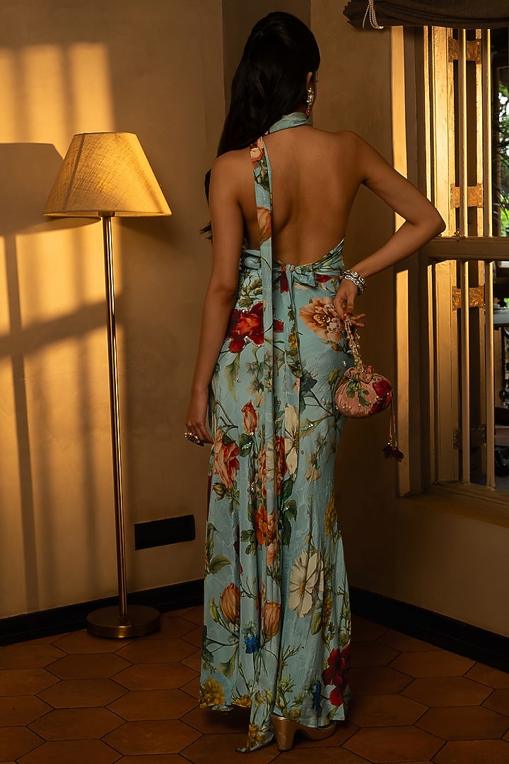 Sky Blue Viscose Crepe Floral Printed Skirt Set by Affroz at Pernia's Pop Up Shop