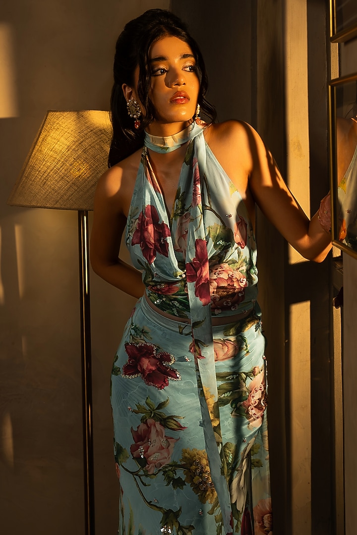 Sky Blue Viscose Crepe Floral Printed Skirt Set by Affroz at Pernia's Pop Up Shop