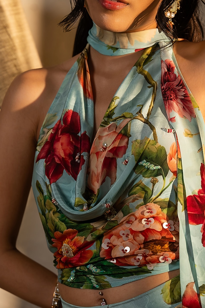 Sky Blue Viscose Crepe Floral Printed Skirt Set by Affroz at Pernia's Pop Up Shop