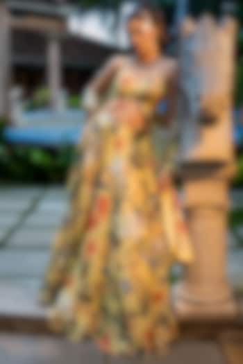 Yellow Organza Silk Floral Printed Lehenga Set by Affroz at Pernia's Pop Up Shop