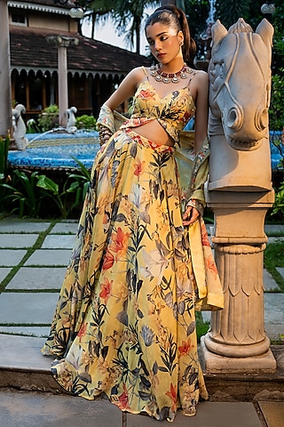 Yellow Organza Silk Floral Printed Lehenga Set by Affroz