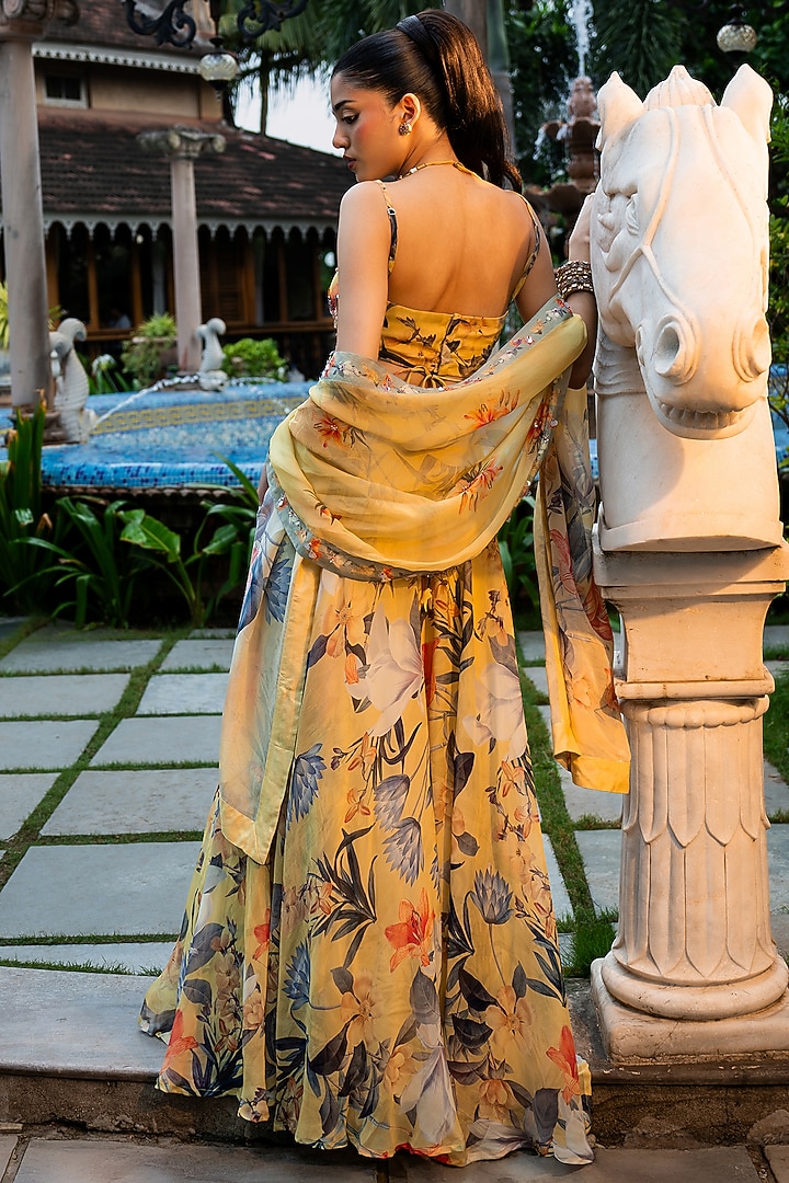 Yellow Organza Silk Floral Printed Lehenga Set by Affroz at Pernia's Pop Up Shop