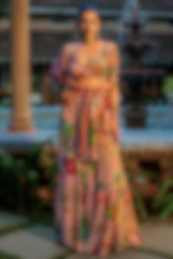 Dusty Rose Pink Viscose Crepe Floral Printed Wedding Lehenga Set by Affroz at Pernia's Pop Up Shop