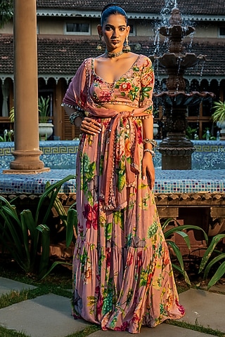 Dusty Rose Pink Viscose Crepe Floral Printed Lehenga Set by Affroz