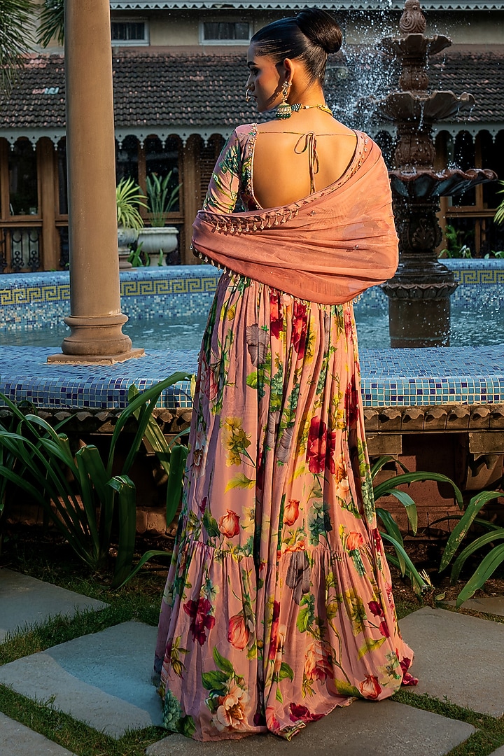 Dusty Rose Pink Viscose Crepe Floral Printed Wedding Lehenga Set by Affroz at Pernia's Pop Up Shop