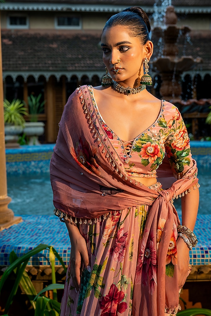 Dusty Rose Pink Viscose Crepe Floral Printed Wedding Lehenga Set by Affroz at Pernia's Pop Up Shop