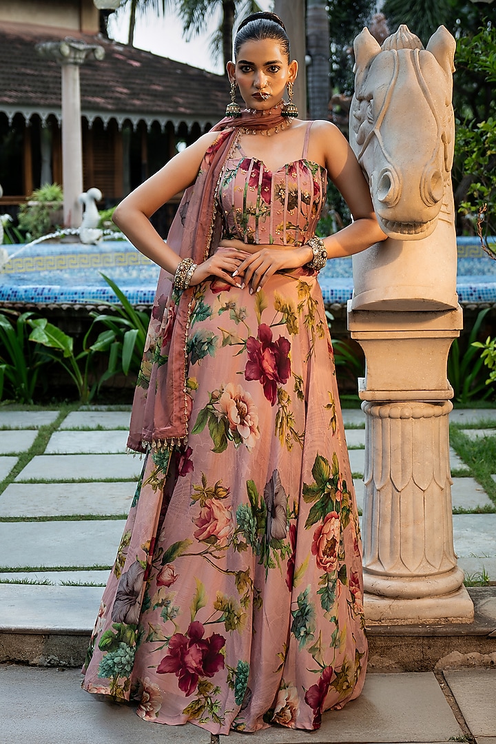 Pink Organza Silk Floral Printed Wedding Lehenga Set by Affroz at Pernia's Pop Up Shop