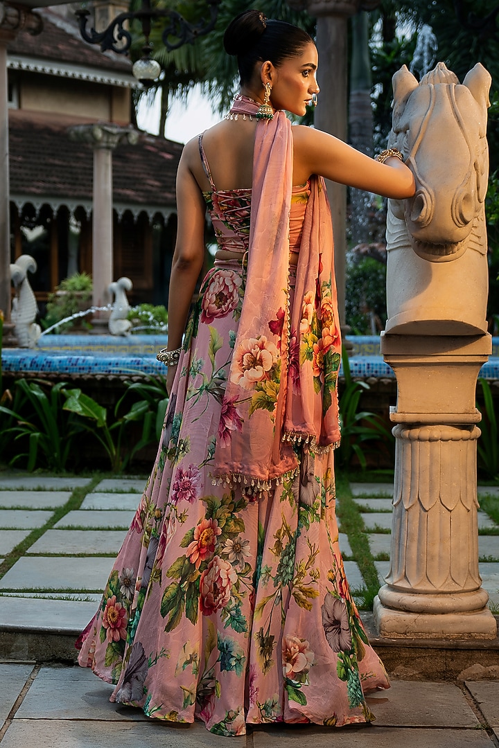 Pink Organza Silk Floral Printed Wedding Lehenga Set by Affroz at Pernia's Pop Up Shop