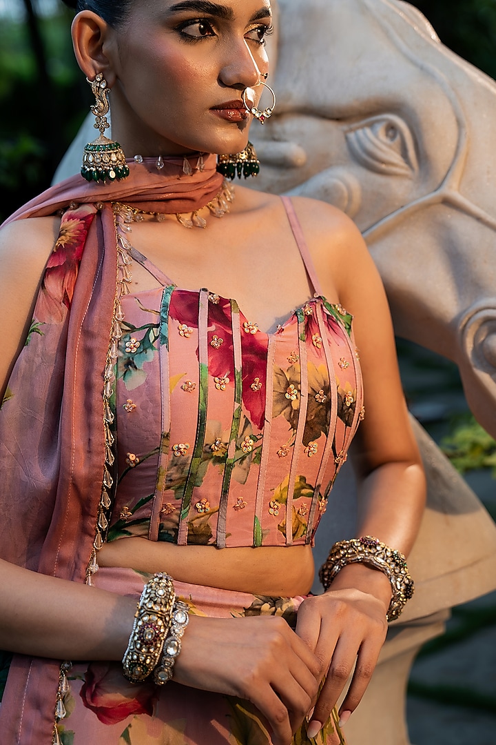 Pink Organza Silk Floral Printed Wedding Lehenga Set by Affroz at Pernia's Pop Up Shop