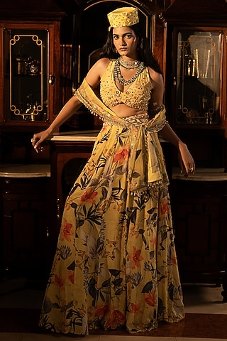 Misted Yellow Viscose Crepe Floral Printed Lehenga Set by Affroz