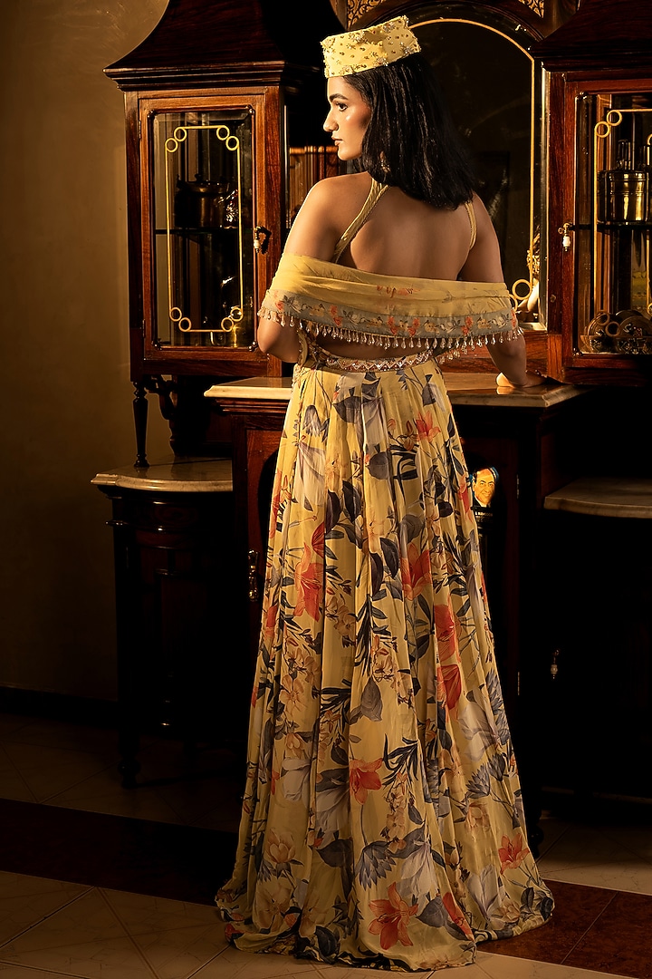 Misted Yellow Viscose Crepe Floral Printed Wedding Lehenga Set by Affroz at Pernia's Pop Up Shop