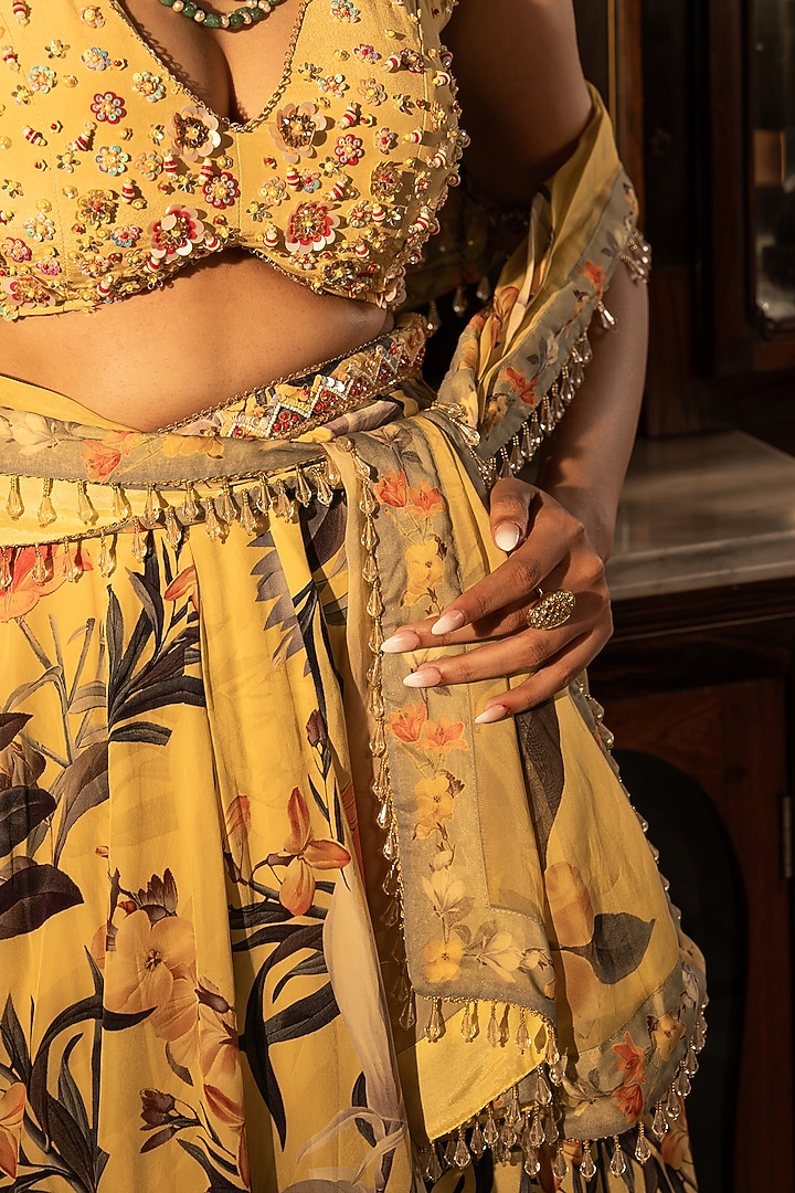 Misted Yellow Viscose Crepe Floral Printed Wedding Lehenga Set by Affroz at Pernia's Pop Up Shop