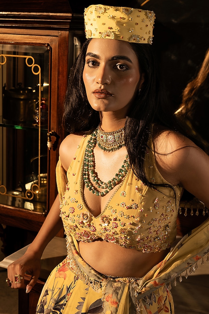 Misted Yellow Viscose Crepe Floral Printed Wedding Lehenga Set by Affroz at Pernia's Pop Up Shop